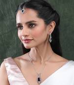 Silver plated blue square ad cz studded leaf pendant set with earrings and maangtika