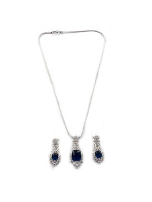 Silver plated blue square ad cz studded leaf pendant set with earrings and maangtika 3