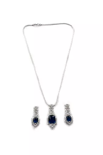 Silver plated blue square ad cz studded leaf pendant set with earrings and maangtika