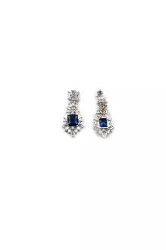 Silver plated blue square ad cz studded leaf pendant set with earrings and maangtika