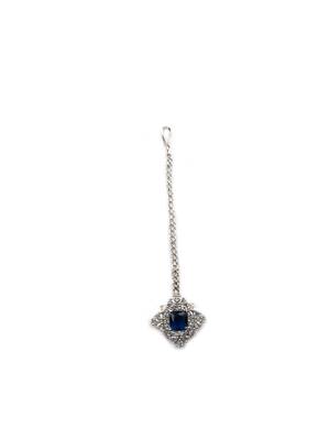 Silver plated blue square ad cz studded leaf pendant set with earrings and maangtika 5