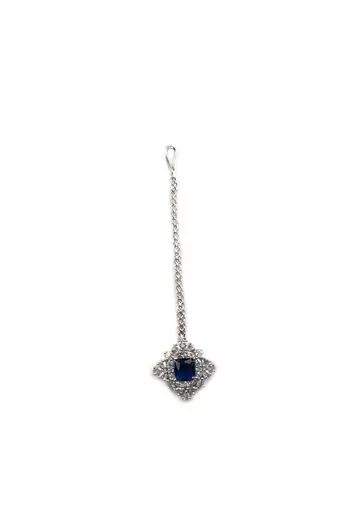 Silver plated blue square ad cz studded leaf pendant set with earrings and maangtika