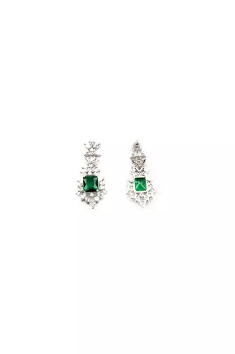 Silver plated green square ad cz studded leaf pendant set with earrings and maangtika