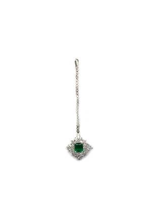 Silver plated green square ad cz studded leaf pendant set with earrings and maangtika 5