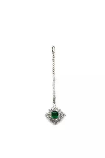 Silver plated green square ad cz studded leaf pendant set with earrings and maangtika