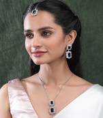 Silver plated blue square cz big pendant set with earrings and maangtika