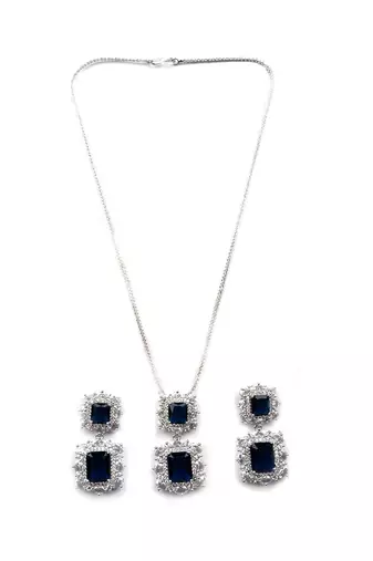 Silver plated blue square cz big pendant set with earrings and maangtika