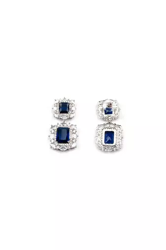 Silver plated blue square cz big pendant set with earrings and maangtika