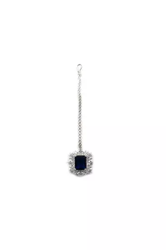 Silver plated blue square cz big pendant set with earrings and maangtika