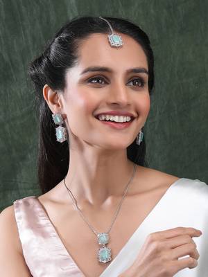 Silver plated turquoise square cz big pendant set with earrings and maangtika 1