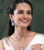 Silver plated turquoise square cz big pendant set with earrings and maangtika