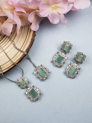 Silver plated turquoise square cz big pendant set with earrings and maangtika 2