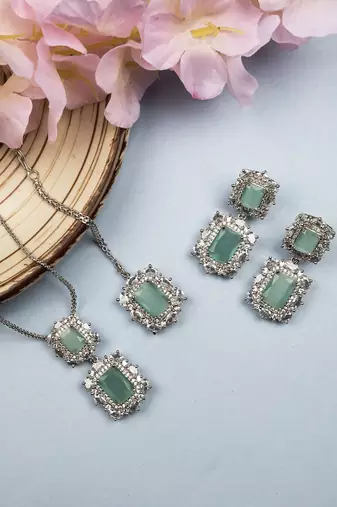 Silver plated turquoise square cz big pendant set with earrings and maangtika