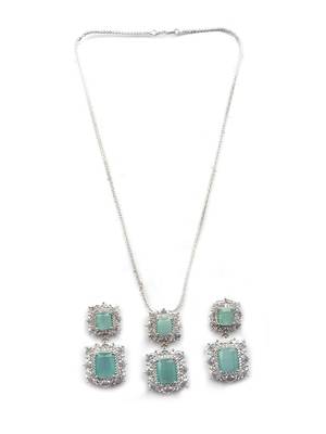 Silver plated turquoise square cz big pendant set with earrings and maangtika 3