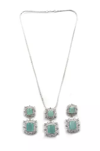 Silver plated turquoise square cz big pendant set with earrings and maangtika