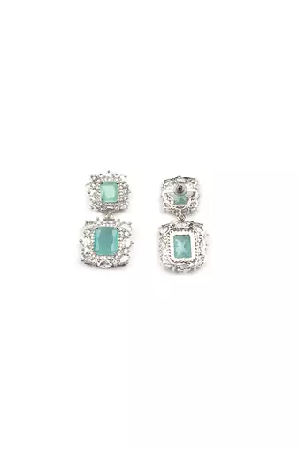 Silver plated turquoise square cz big pendant set with earrings and maangtika