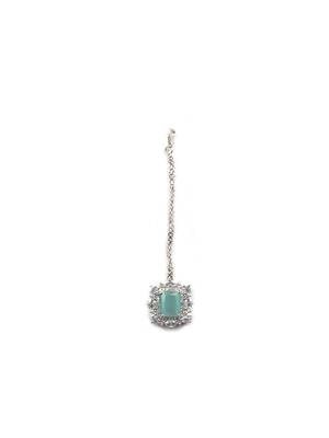 Silver plated turquoise square cz big pendant set with earrings and maangtika 5