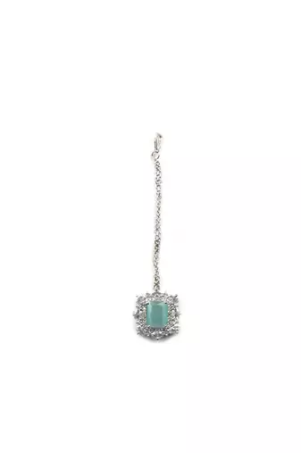Silver plated turquoise square cz big pendant set with earrings and maangtika