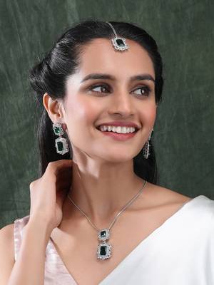 Silver plated green square cz big pendant set with earrings and maangtika 1