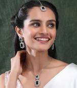 Silver plated green square cz big pendant set with earrings and maangtika