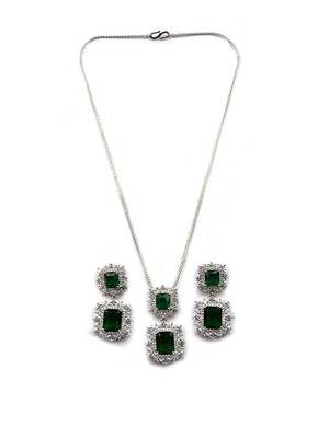 Silver plated green square cz big pendant set with earrings and maangtika 3