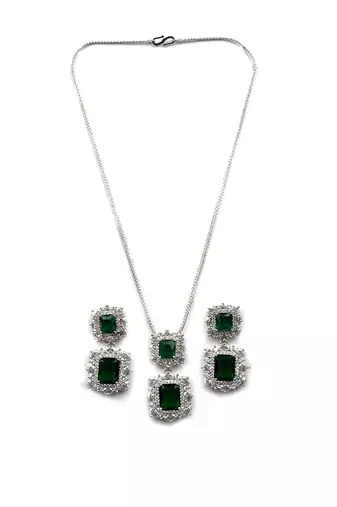 Silver plated green square cz big pendant set with earrings and maangtika