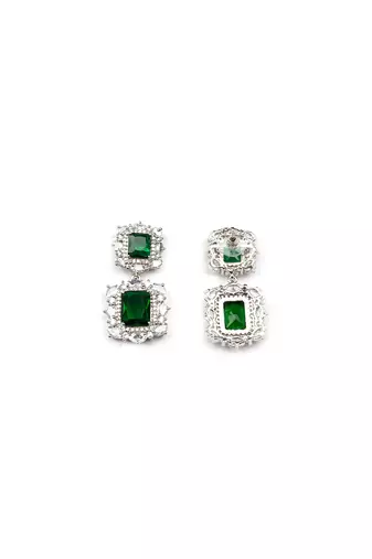 Silver plated green square cz big pendant set with earrings and maangtika