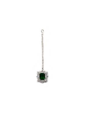 Silver plated green square cz big pendant set with earrings and maangtika 5
