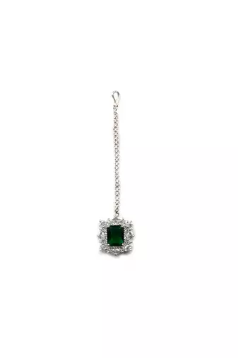 Silver plated green square cz big pendant set with earrings and maangtika
