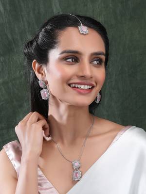 Silver plated pink square cz big pendant set with earrings and maangtika 1