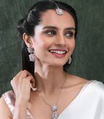 Silver plated pink square cz big pendant set with earrings and maangtika