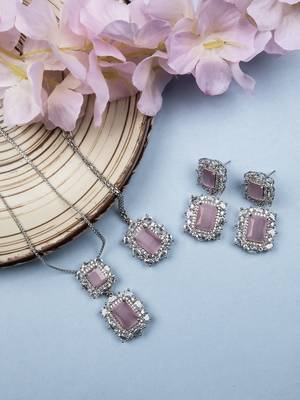 Silver plated pink square cz big pendant set with earrings and maangtika 2