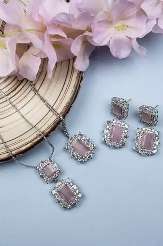 Silver plated pink square cz big pendant set with earrings and maangtika