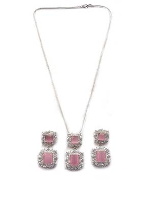 Silver plated pink square cz big pendant set with earrings and maangtika 3