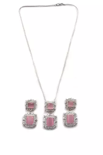 Silver plated pink square cz big pendant set with earrings and maangtika