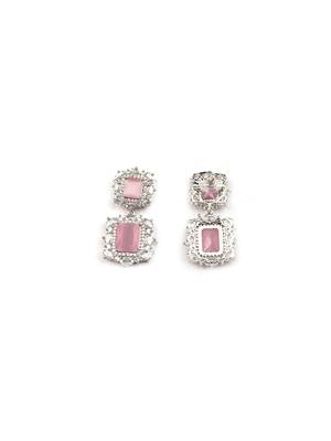Silver plated pink square cz big pendant set with earrings and maangtika 4