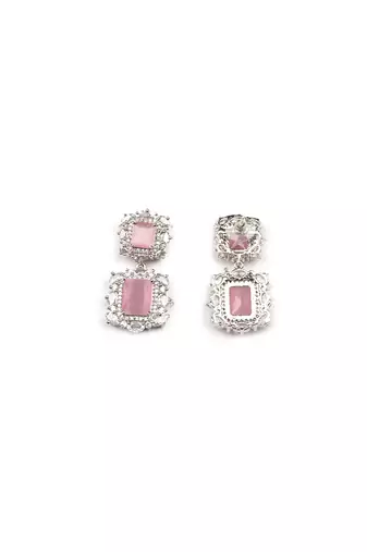 Silver plated pink square cz big pendant set with earrings and maangtika