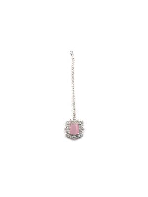 Silver plated pink square cz big pendant set with earrings and maangtika 5