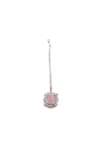 Silver plated pink square cz big pendant set with earrings and maangtika