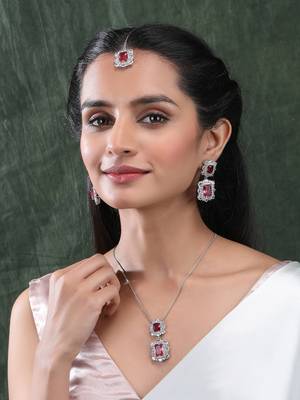 Silver plated red square cz big pendant set with earrings and maangtika 1