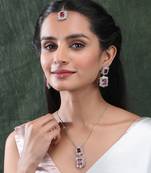 Silver plated red square cz big pendant set with earrings and maangtika