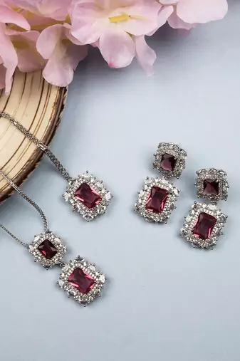 Silver plated red square cz big pendant set with earrings and maangtika