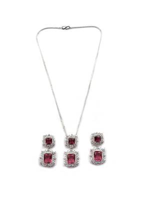 Silver plated red square cz big pendant set with earrings and maangtika 3