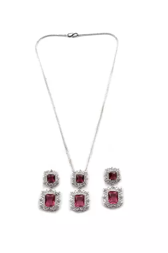 Silver plated red square cz big pendant set with earrings and maangtika