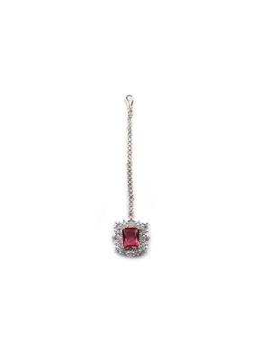 Silver plated red square cz big pendant set with earrings and maangtika 5