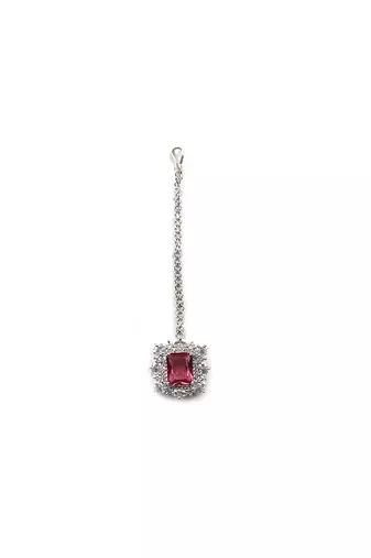 Silver plated red square cz big pendant set with earrings and maangtika