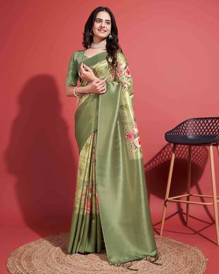 Green silk blend Blend Saree With Unstitched Blouse Piece 1