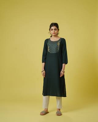 Green 3/4th sleeves cotton cambric mirror work, thread embroidery work calf length kurta 1