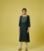 Green 3/4th sleeves cotton cambric mirror work, thread embroidery work calf length kurta