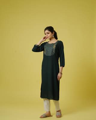 Green 3/4th sleeves cotton cambric mirror work, thread embroidery work calf length kurta 3